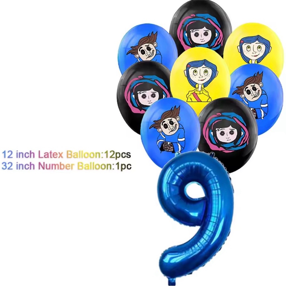 Blue and Yellow Coraline 9th Birthday Party Balloon Set New